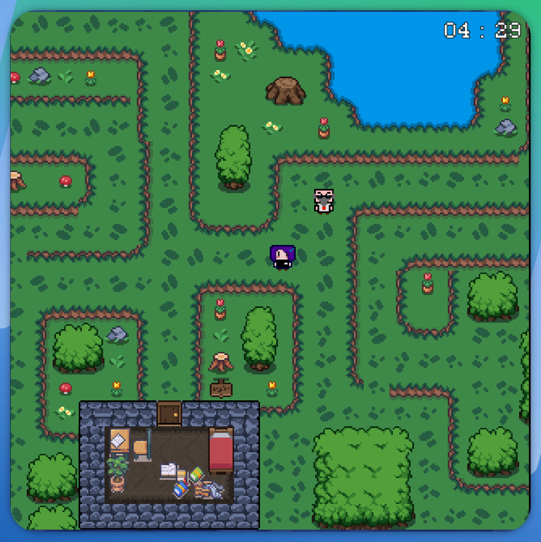 Screenshot of game, with main character facing forward, and the Dean behind them.